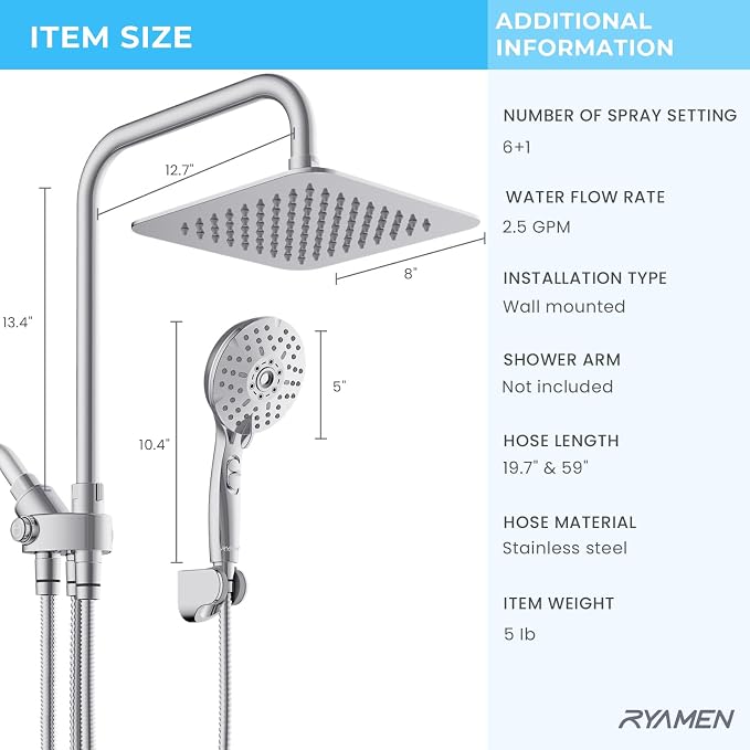 Ryamen Dual Shower Head Combo, 8'' High Pressure Rain Shower Head with Handheld Spray, 6+1 Spray Settings Handheld Showerhead, Height Adjustable, One-touch Pause Button, Chrome Polished
