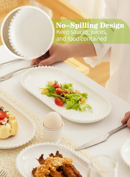TAMAYKIM 12 Inch Porcelain Serving Platters Set of 6 - White Ceramic Trays with Beaded Edge, Oval Serving Plate for Steak, Taco, Sushi, Appetizer, Cake - Dishwasher & Oven Safe