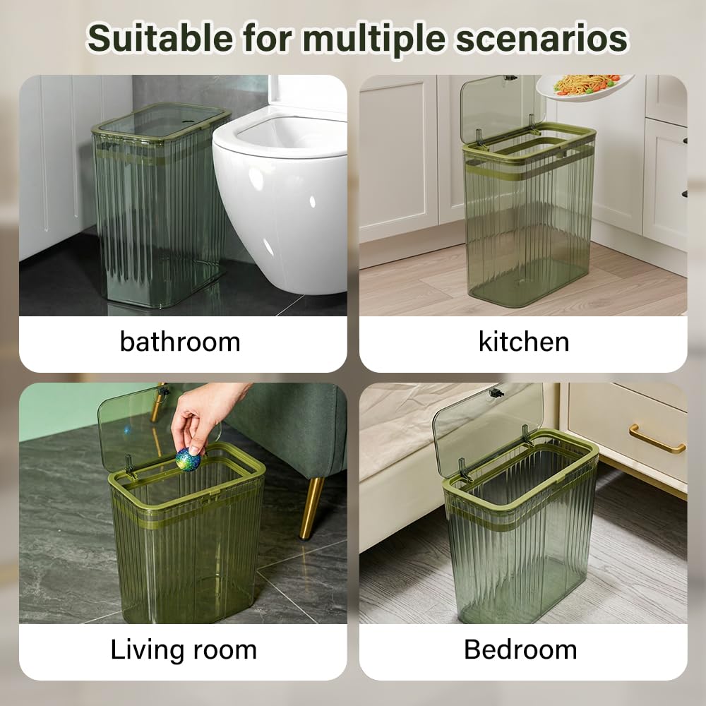 Grtufsat Bathroom Trash Can with Lid3.5 Gallon Garbage Can，for Bedroom, Office, Plastic Slim Waste Basket with Press Top Lid, 15l Clear Trash Bin for Home Slim Trash Bin Clear, Kitchen （Green）