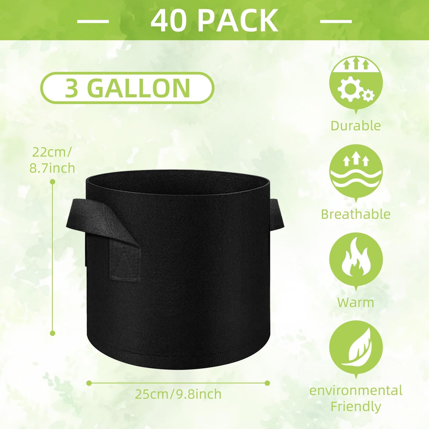Cskunxia 40-Pack 3 Gallons Grow Bags, Non-Woven Fabric Pots Plant Bags, Plant Grow Bags with Handles, Garden Plant Bags for Potatoes, Carrots, Tomatoes and Other Vegetable,Fruits
