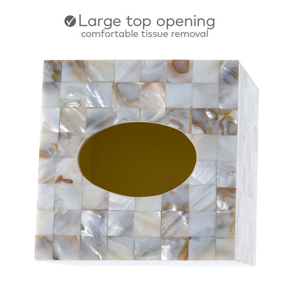 Milano Tissue Box Cover Square – Decorative Tissue Holder for Bathroom - Beautiful Natural Mother of Pearl Capiz Shells Tissue Box Holder - Cube Tissue Box Cover with Durable Bottom Slider