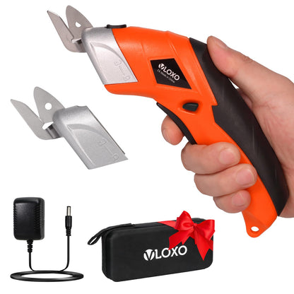 VLOXO Cordless Electric Scissors, Cardboard Cutter Super Scissors Box Cutter with Blades Rechargeable Powerful Fabric Tool for Crafts Leather Carpet Plastic Felt Include Case Orange CS4001