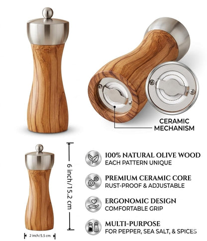 Tephra & Form 6" Olive Wood Pepper Grinder Mill, Adjustable Ceramic Core, Refillable Salt Pepper Shaker Kitchen Gift