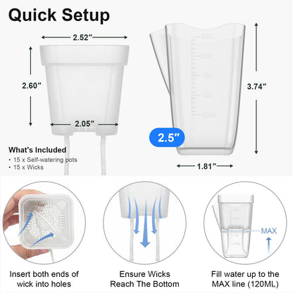 15-Pack 2.5 Inch Mini Self Watering Pots for Indoor Plants, Semi Hydroponic Pots, Small Clear Plastic Planters, Drainage Hole, Water Level Indicator, African Violets, Alocasia, Cutting, Seeding