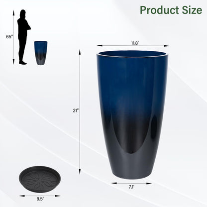 Neoaider Set of 2 Lightweight Ceramic-Look Tall Planter, 21 inch Large Plastic Planter with Drain Hole & Saucers, Large Outdoor Planters for Porch, Garden, Patio, Balcony(Dark Blue)