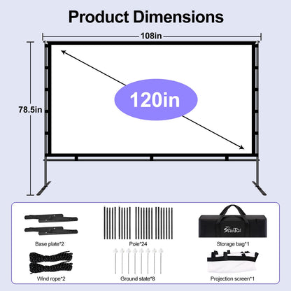 Shirtal Projector Screen with Stand,Portable 120 Inch Indoor Outdoor Projector Screen,16:9 4K HD Anti-Crease Movie Screen with Carry Bag for Home Backyard,Theater,Camping