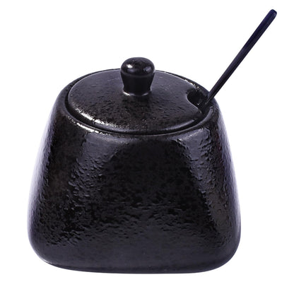 BOSILI Japanese Black Sugar Bowls with Lid Ceramic Salt Container with Stainless Steel Spoon for Sugar Pepper Spices