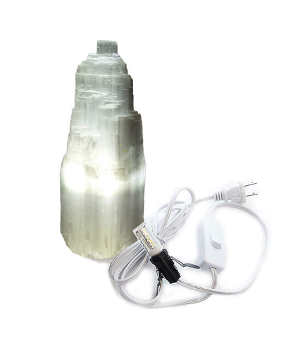AMOYSTONE 8" Natural Selenite Crystal Lamp White Gemstones Skyscraper Tower Healing Lights Small, Include Led Bulb Switch