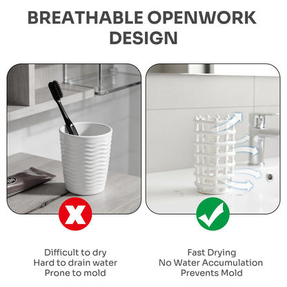 DODAMOUR Ceramic Toothbrush Holder, Boho Woven Grid Bathroom Cup, Breathable Openwork Makeup Brush Organizer, Modern Lattice Stand for Vanity Countertop, Toothpaste Storage - White