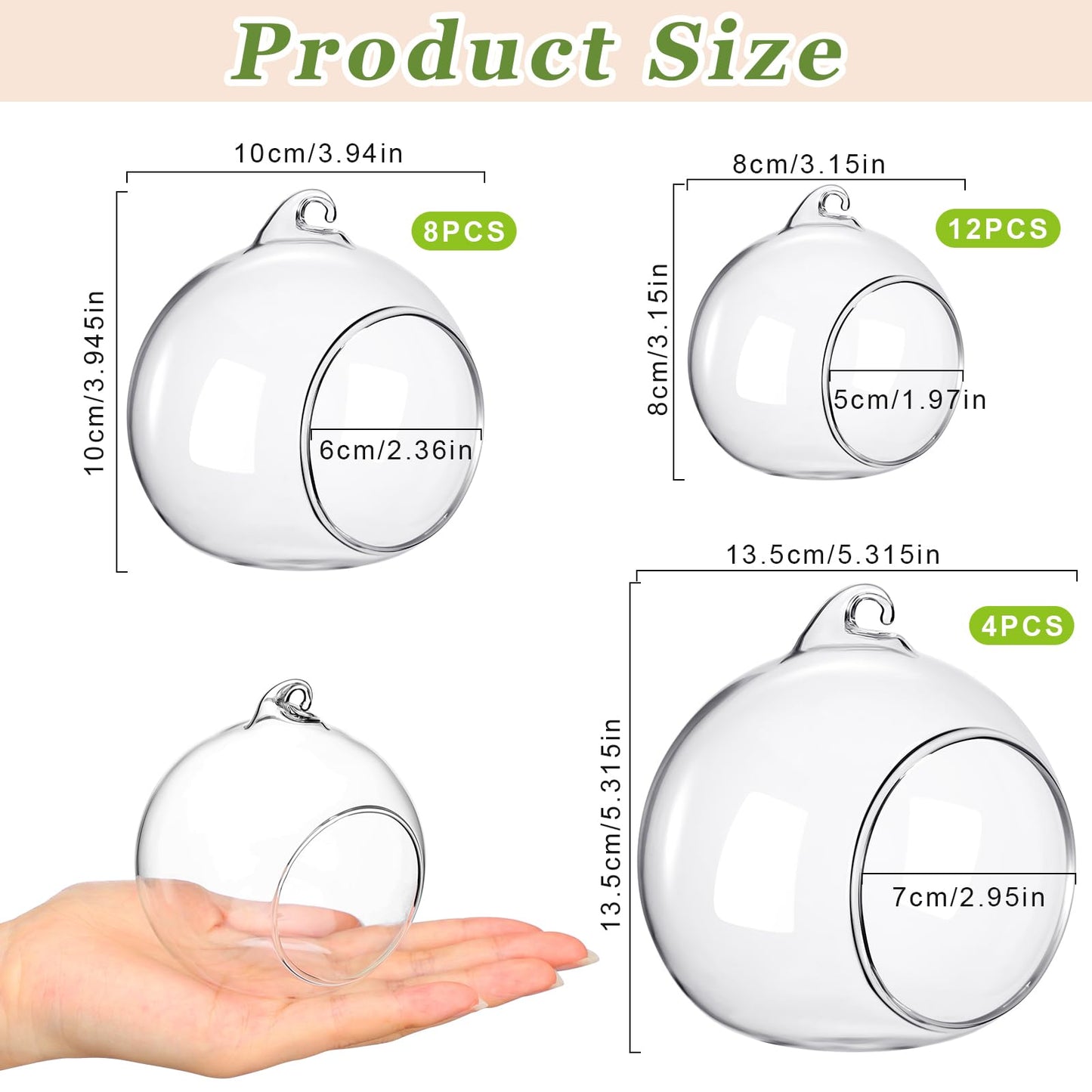 GlikCeil 12 Pcs 5.3'' 3.9'' 3.15'' Hanging Glass Tealights Candle Holder Large Globes Fillable Plant Clear Terrarium Orbs Air Plants Holder with Fishing Line Wedding Centerpiece Tree Decor