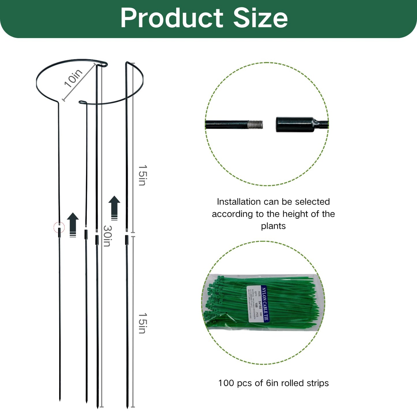 Tiuire 30in Tall Heavy-Duty Plant Support Stakes, 6 Pack Adjustable Peony Cages & Supports for Outdoor Plants, Large Garden Plant Stakes for Peony, Tomato, Hydrangea with Extension Stakes