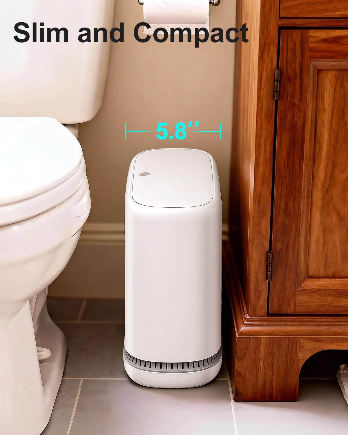 Purexa 2.3 Gallon Slim Small Bathroom Trash Can with Lid, White Dog Proof Garbage Can with Air-Press Bag Expander & Removable Bucket, Narrow Bathroom Waste Basket for Bedroom, Office, Dorm