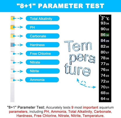 DaToo 8 in 1 Aquarium Test Kit Fish Tank Test Strips Accurate Water Quality Testing Strips for Ammonia PH Total Alkalinity Carbonate Hardness Free Chlorine Nitrate Nitrite Temperature (100 Strips)