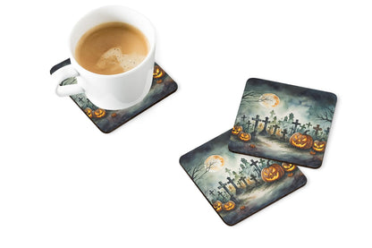 Caroline's Treasures Graveyard Spooky Halloween Foam Coaster Set of 4 Cup Coasters for Indoor and Outdoor, Coaster for Tabletop Protection, Anti Slip, Mouse pad Material