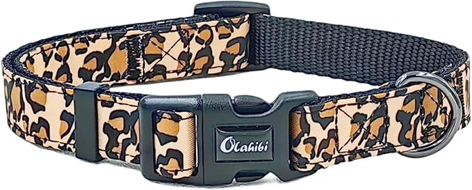 Dog Collar Leash Set, Leopard Pattern, Nylon Webbing Plus Cotton Ribbon, 5ft Matching Leash, for Large Dogs.(L, Brown Leopard)