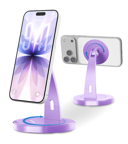Aoviho Magnetic Phone Stand for Desk – 360° Rotating Aluminum Phone Holder, Stable Desk Stand for Office, Home & Kitchen, Compatible with iPhone 17 Pro Max 16–12 Series and MagSafe Cases, Purple