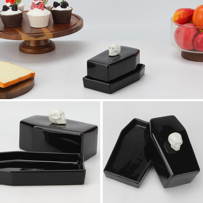 Kcgani 1 Pcs Ceramic Butter Dish with Lid Set, Black Gothic Skull Shape Butter Container Holds for Countertop, Ceramic Gothic Kitchen Utensils Butter Keeper for Table Decor Festivities Party Supplies
