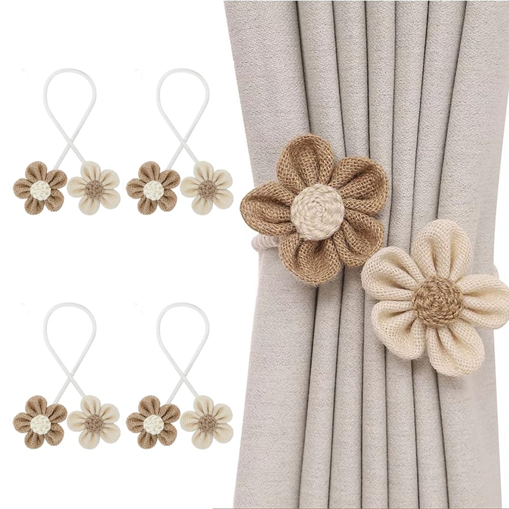 4 Pack Flower Curtain Tiebacks, Boho Decorative Curtain Ties, Elegant Burlap Holdbacks for Bedroom, Nursery, Farmhouse Decor,Tie Backs for Bedroom Decor