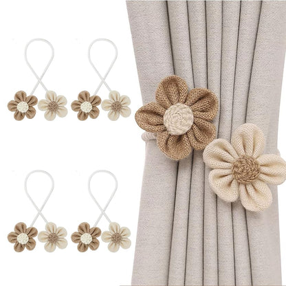 4 Pack Flower Curtain Tiebacks, Boho Decorative Curtain Ties, Elegant Burlap Holdbacks for Bedroom, Nursery, Farmhouse Decor,Tie Backs for Bedroom Decor