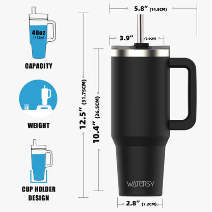 40 oz Tumbler with Handle,Tumbler with Lid and Straw,Double Wall Insulated Cup Stainless Steel Travel Mug(Cold for 34 Hours),Water Bottle for Iced Tea,Coffee,Cold Beverages(Black)