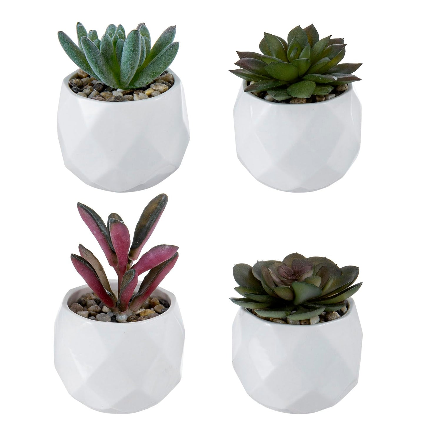 MyGift Miniature Artificial Succulents, Indoor Fake House Plants in Round White Geometric Ceramic Pots, Set of 4