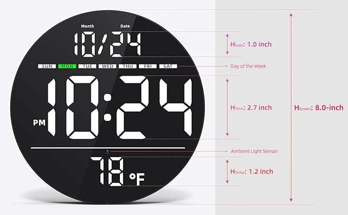 Digital Wall Clock with Large LED Display, Date, Temperature, Auto-Brightness | Small [PLUG-IN] Clock | Modern Electric Wall Clock for Bedroom, Classroom, Living Room, Home, Office, Farmhouse – White