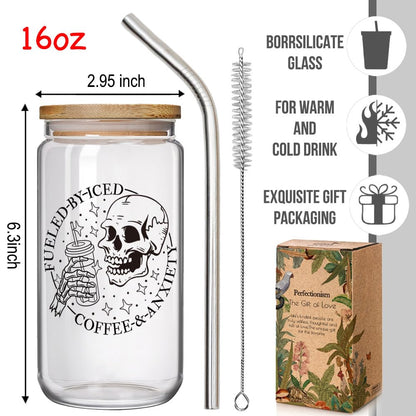 Enanaimg Fueled by Iced Coffee and Anxiety Skull 16 oz Coffee Mug with Lids and Straws, Skeleton Cup, Skull Gifts for Women, Funny Witchy Skeleton Gifts for Women, Friend, Sister, Mom
