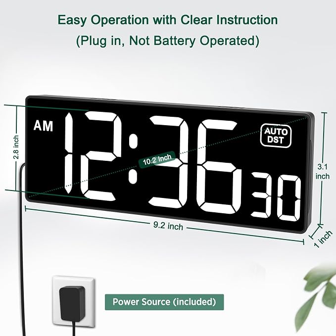 Soobest LED Digital Wall Clock with Seconds, Electric Clock Plug Auto DST Dimmer LED Large Display 10 Inches (White)
