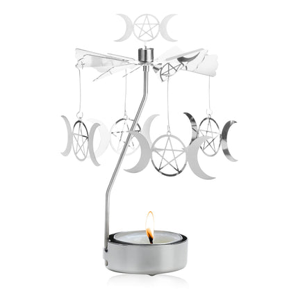 Spinning Tea Light Candle Holder, Silver Triple Moon Carousel Tealight Display, Metal Rotating Witch Decor for Altar Tables, Valentine's Day, Party Decor, Gifts