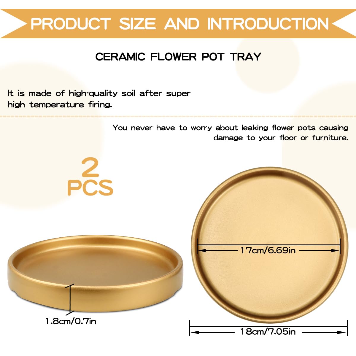 LCJAOF 2PCS Round Ceramic Plant Saucer-7 Inch Flower Pot Drip Tray, Perfect for Various Flowers, Enhancing Home Aesthetics（Gold）