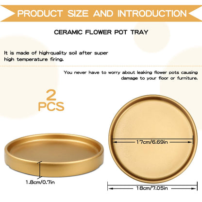 LCJAOF 2PCS Round Ceramic Plant Saucer-7 Inch Flower Pot Drip Tray, Perfect for Various Flowers, Enhancing Home Aesthetics（Gold）