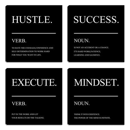 Framed Motivational Wall Art for Home Office - Inspirational Hustle Canvas - Mindset Decor for Living Room, Bedroom, Men's Office - 12"x12"x4PCS