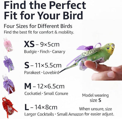 6pcs Bow Bird Diaper Set, Soft Reusable Flight Suit Clothing for Parrots Budgies Cockatiels — Cleaner Indoor Bonding & Training(L)