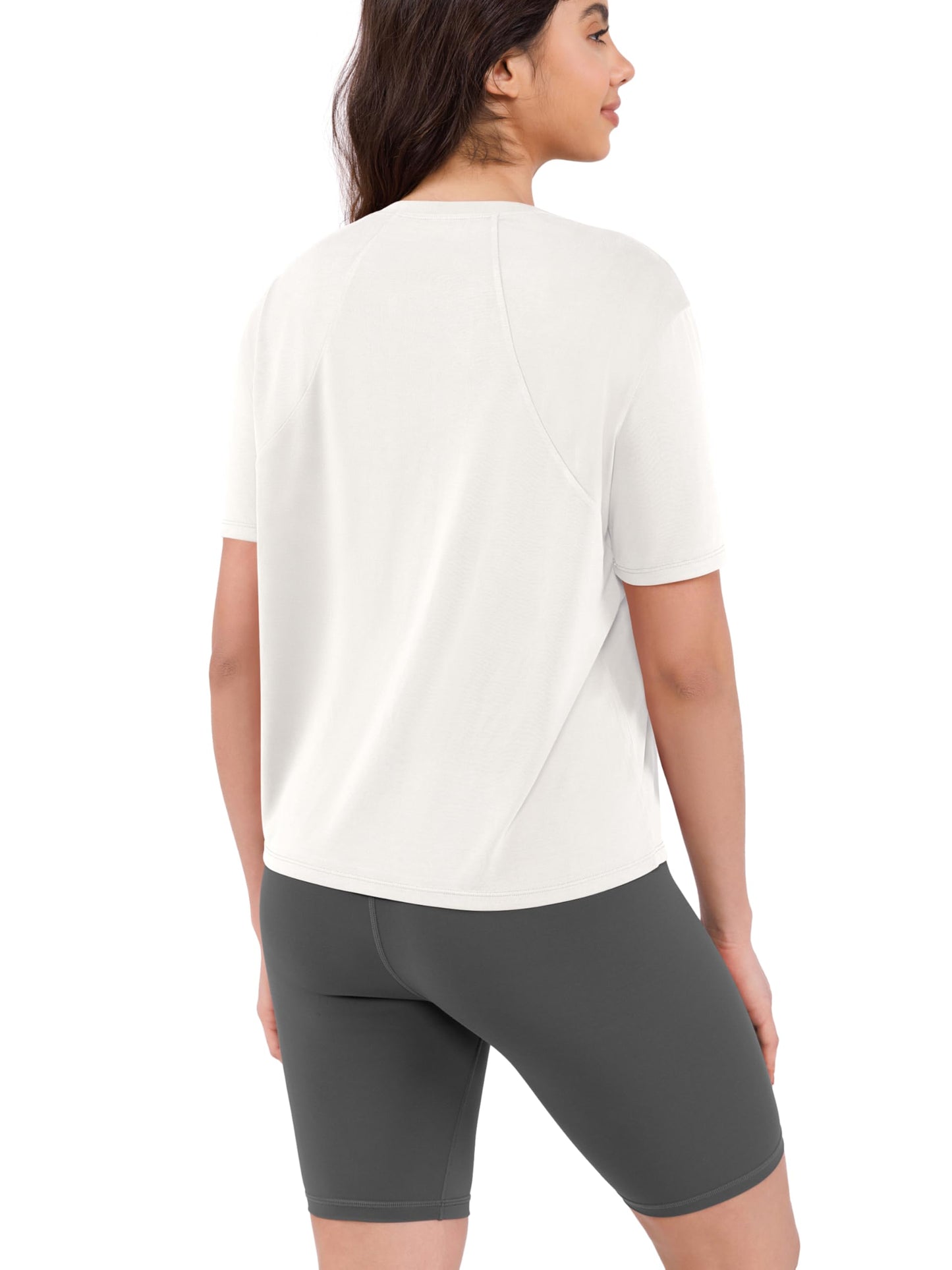 ODODOS Modal Soft Short Sleeve Shirts for Women Crew Neck Yoga Tee Casual Workout Tops, White, Medium