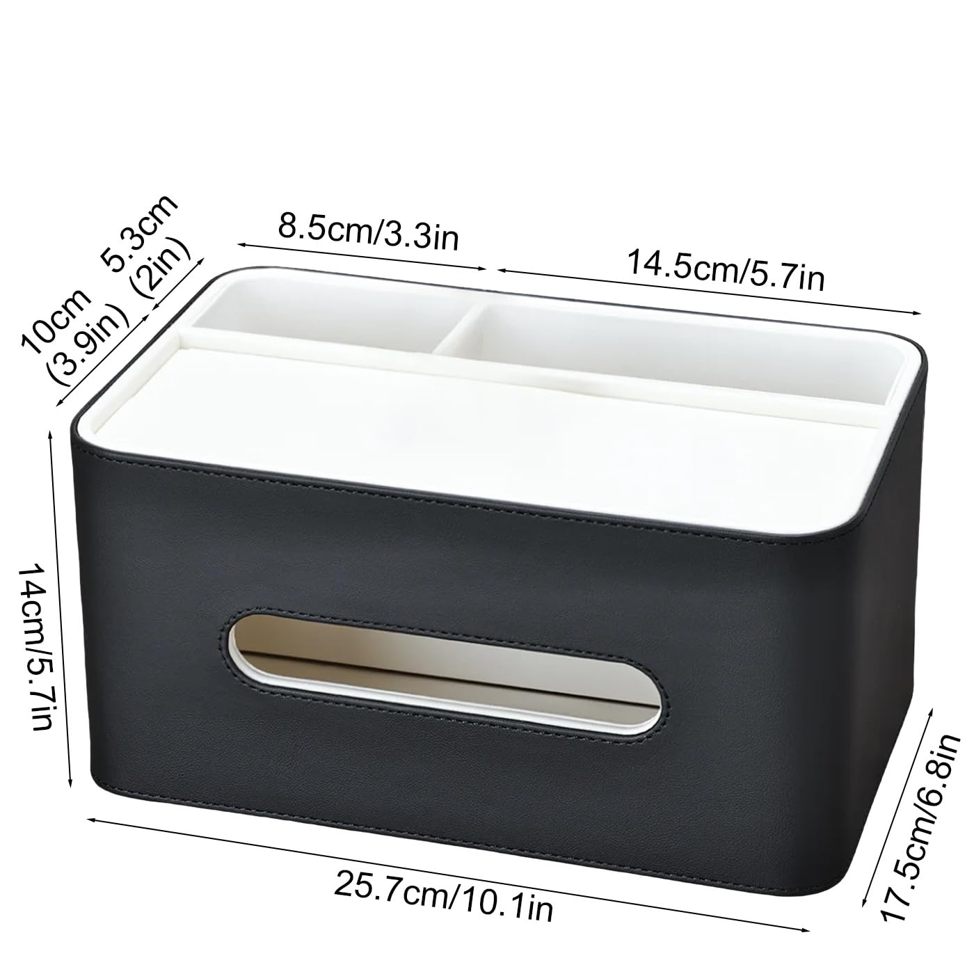 PU Leather Tissue Box Cover Rectangular with Storage Organizer Tray, Multifunctional Remote Control Holder, Desk Organizer for Living Room, Bedroom, Office, Decorative Tissue Holder Black