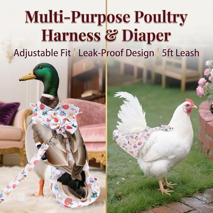 Duck & Chicken Harness with Diapers – Washable Adjustable Elastic Nappy for Poultry (Goose, Hen, Duck) with 5-FT Leash, Comfortable & Leak-Proof (L)