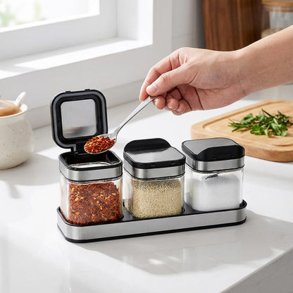SvaTao Condiment Jar Spice Container with 304 Stainless Steel Lids and Spoons,Clear Glass Condiment Canisters Pots Seasoning Box Salt Container Sugar Bowl Set of 3 for Kitchen, Counter, Food Storage
