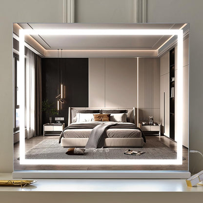 HIEEY Lighted Makeup Mirror, Hollywood Vanity Mirror with Lights, Three Color Lighting Modes, and 5X Magnification Mirror, Smart Touch Control, 360°Rotation (17.3in,White,Gift Box)
