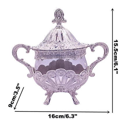 Hourwof Sugar Bowl with Lid and Spoon for Kitchen Coffee Bar and Wedding Party,Metal and Glass Sugar Container for Sugar Cube and Powder Sugar,Spice Condiment Container,Salt Server,Silver
