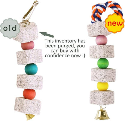 Unibene Parrot Chewing Toy, Bird Beak Grinding Stone with Bell, Lava Block Calcium Supplement Food for African Greys Amazon Conure Eclectus Budgies Parakeet Cockatiel Hamster Chinchilla Rabbit, 2 Pack