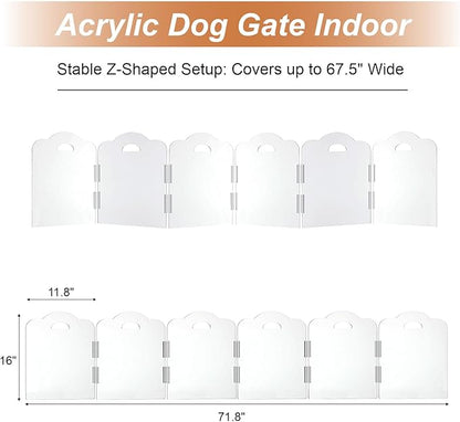 Transparent Acrylic Dog Gate Indoor, Free-Standing Pet Gate, 16" Height (Size S) Foldable 6 Modular Panels, Dog Fence for Doorways, Hallways, Stairs, No Drilling, Perfect for Puppies and Small Pets