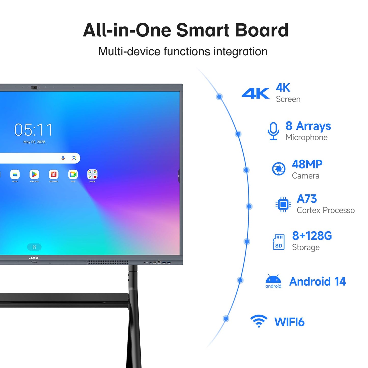 JAV Smart Board 4K UHD Interactive Whiteboard with EDLA Certification Built-in Android OS for Classroom Office Home Digital Display 8+128 GB for Hybrid Work (75 Inch)