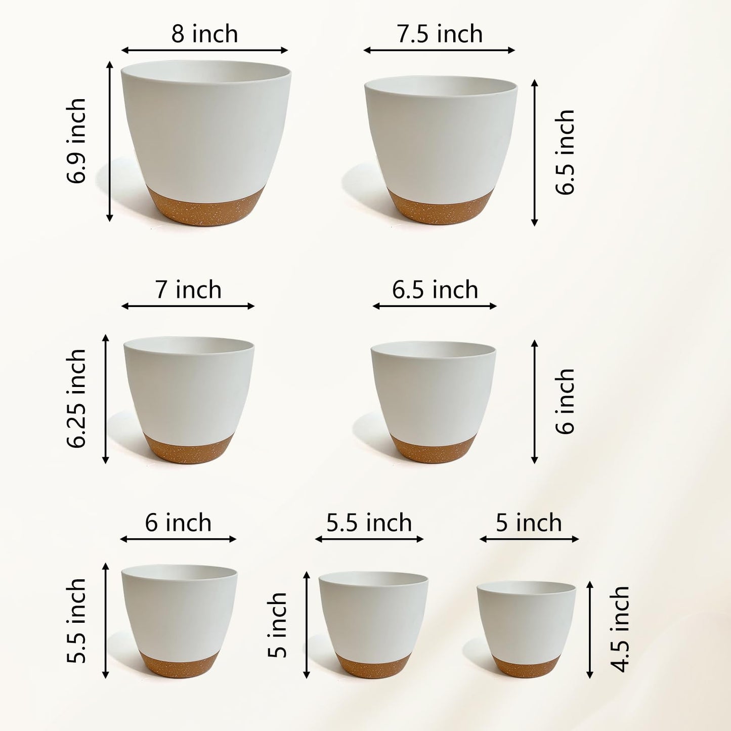 LIFFY Plant Pots, 8,7.5,7,6.5,6,5.5,5 Inch Plastic Self Watering Planters with Drainage Holes & Saucers, 7-Pack White Nursery Planting Pot with Deep Reservoir for Indoor Outdoor Plants