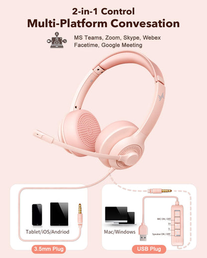 JIAMQISHI USB Headset with Microphone for PC, On-Ear Computer Laptop Headphones with Noise Cancelling Mic in-line Control for Home Office Online Class Zoom (USB+3.5mm, Pink)