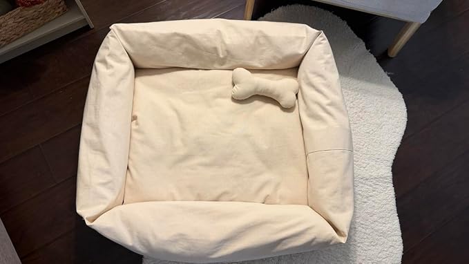 Rectangular Natural Cotton Canvas Dog Bed with Raw Cotton Insert – Eco Friendly Pet Bed with Removable Washable Cover, Breathable Cushion for Dogs & Cats (Natural, Medium 30" × 20" × 7")