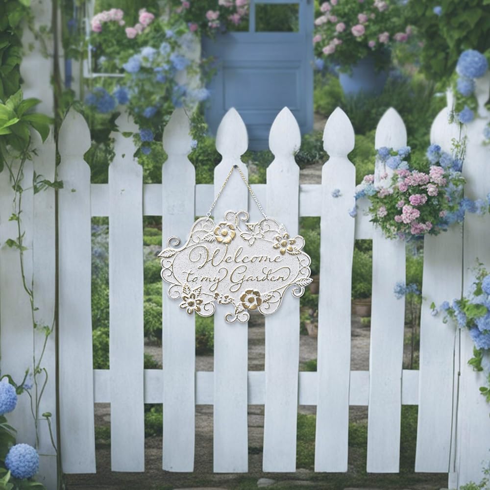 All Chic Welcome to My Garden Sign Hanging Yard Sign for Garden Decor Rustic Farmhouse Backyard Outdoor Wall Decor(White)