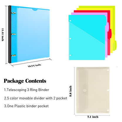 INFUN 1 Inch 3-Ring Telescoping Project Organizer Binder,13 Pocket, Customizable Front Cover, 5 Colors Pocket Divider and Plastic Binder Pocket，225 Sheet Capacity-Blue