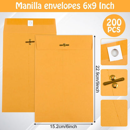 gisgfim 200 Pcs 6 x 9 inch Clasp Manilla Envelopes with Gummed Seal, Small Mailing Envelope with Clasps Closure 28 lb Kraft Paper Yellow Folders for Storing or Mailing Business Document Office