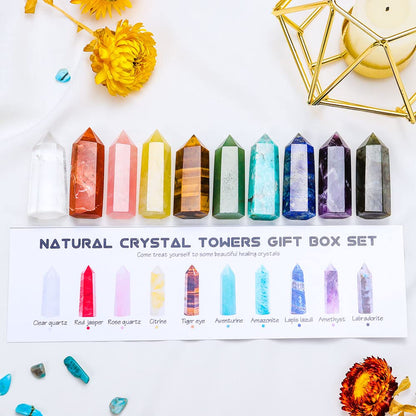 Apengshi 10pcs Healing Crystal Tower Set 1.57"-1.96" Natural Crystal Wand Clear Quartz Red Jasper Rose Quartz 6 Faceted Crystals Point Chakra Stone Kit Home Decor Gift Box