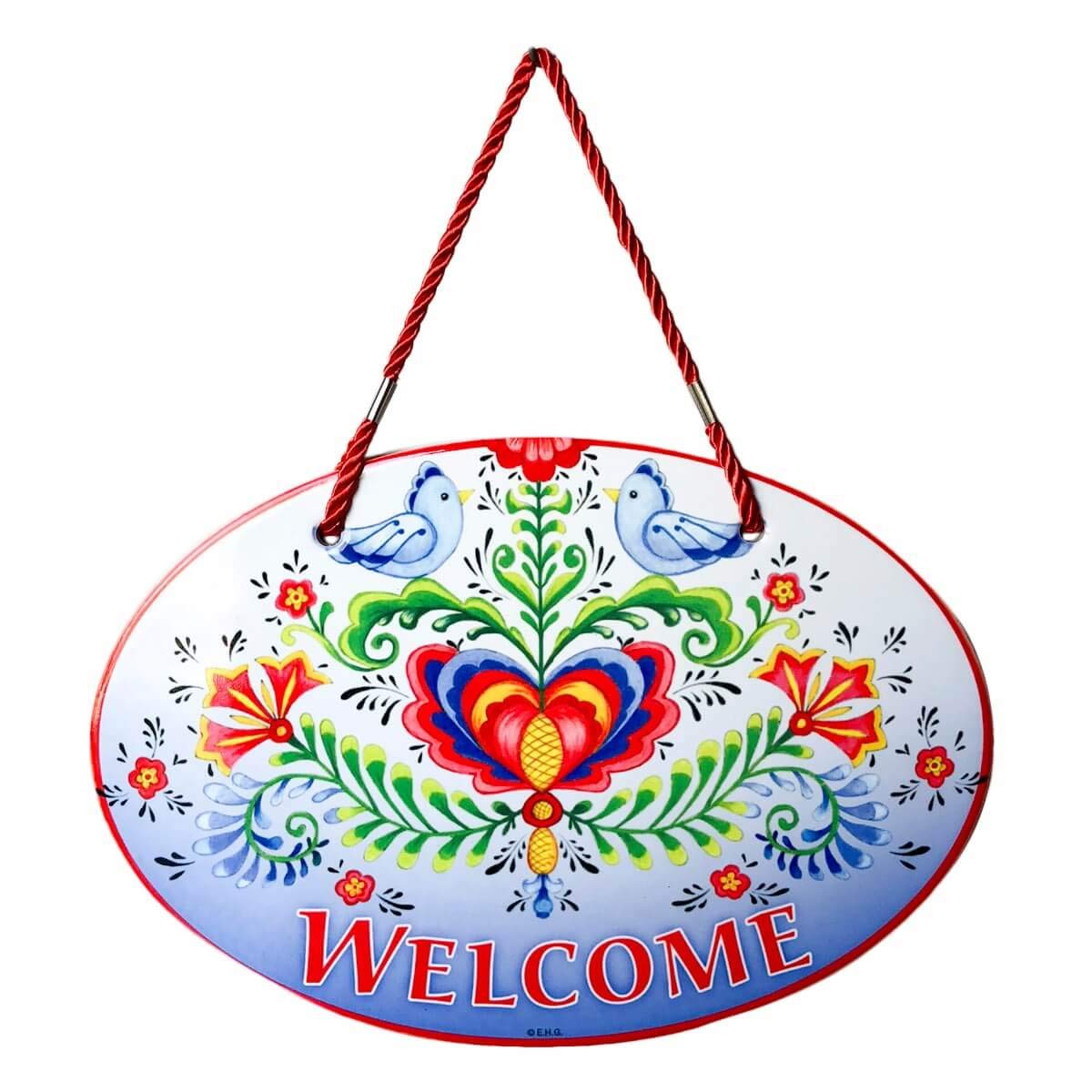 "Welcome Friends" with Attractive Lovebirds & Rosemaling Motif Welcome 11x8" Ceramic Door Sign by E.H.G.